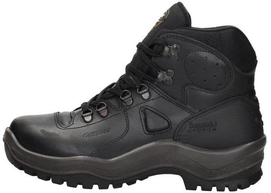 Zwarte leren hoge wandelschoen met vetersluiting, grijs met profiel zool. Grisport & Support system logo's.