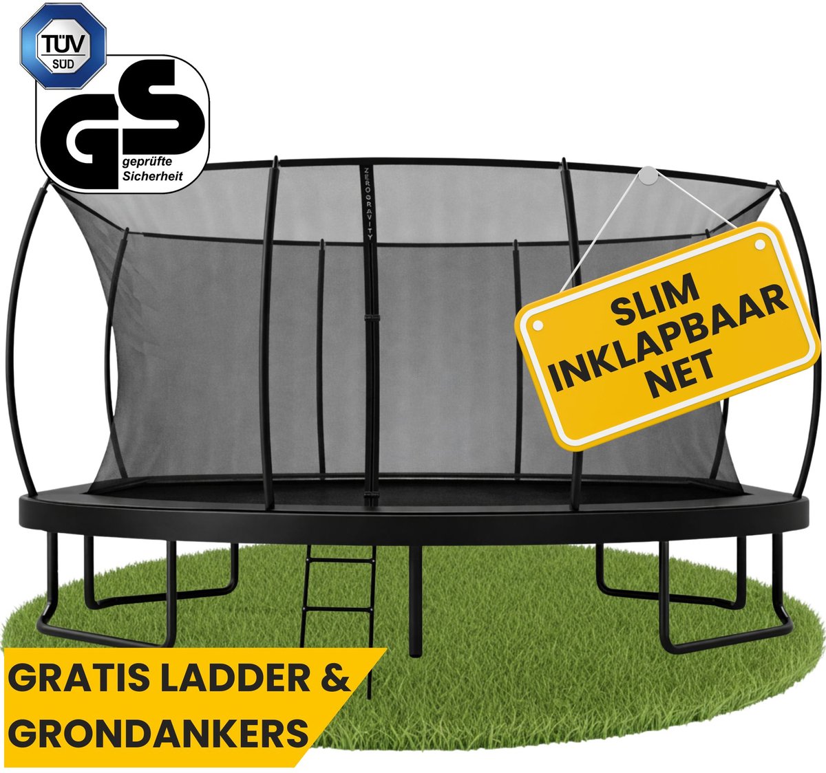 Zero Gravity trampoline 457x305cm rechthoekige – kindertrampoline met slim opvouwbaar veiligheidsnet – incl. ladder en grondankers – max. 130 kg - rechthoekige/ovale tuintrampoline - Ultima 5 Black Edition