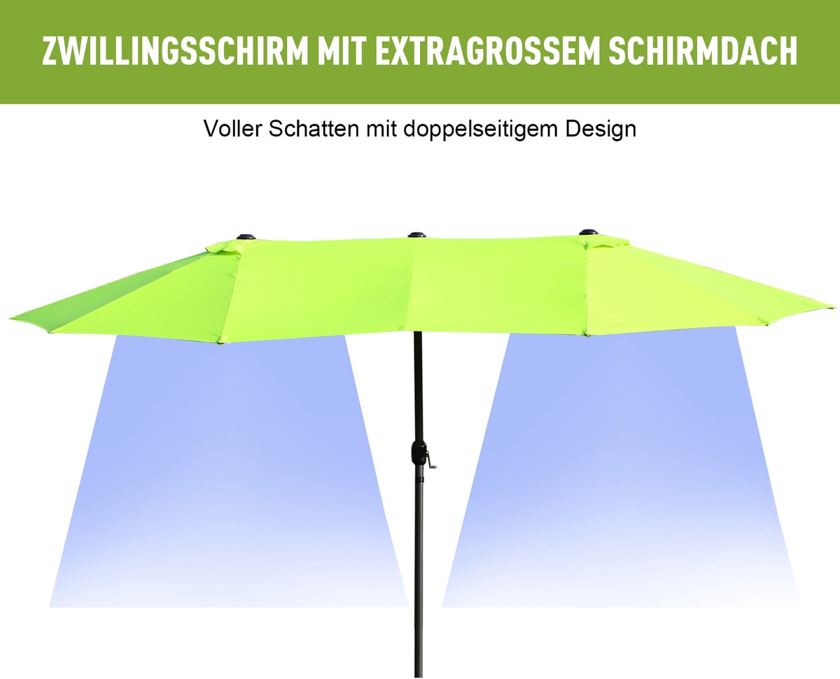 STILVORA Dubbele Parasol – Grote Schaduw 460 x 270 cm – Staal en Polyester – Groen – Met Handzwengel Voor Tuin En Terras