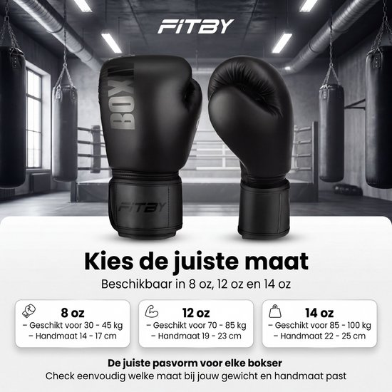 Zwarte bokshandschoenen met de tekst 'BOX' en 'FITBY', afgebeeld met een bokszak en informatie over maten.