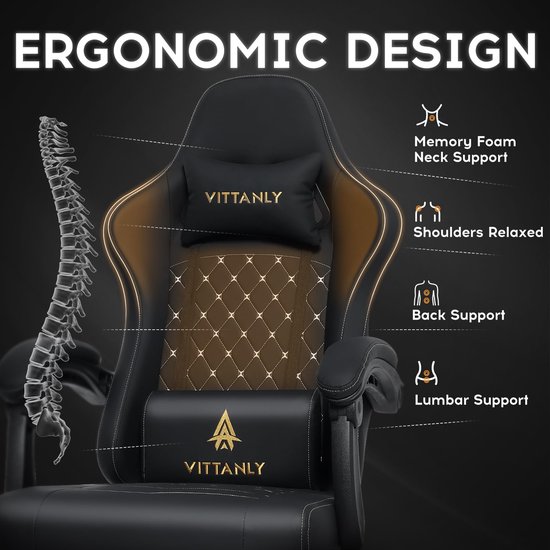 Ergonomisch ontwerp van een zwarte gamestoel, met geheugenschuim neksteun, ontspannen schouders, rug- en lendensteun.
