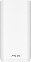 Witte, cilindrische ASUS ZenWiFi mesh unit met het ASUS logo en een klein wit lampje aan de voorkant.