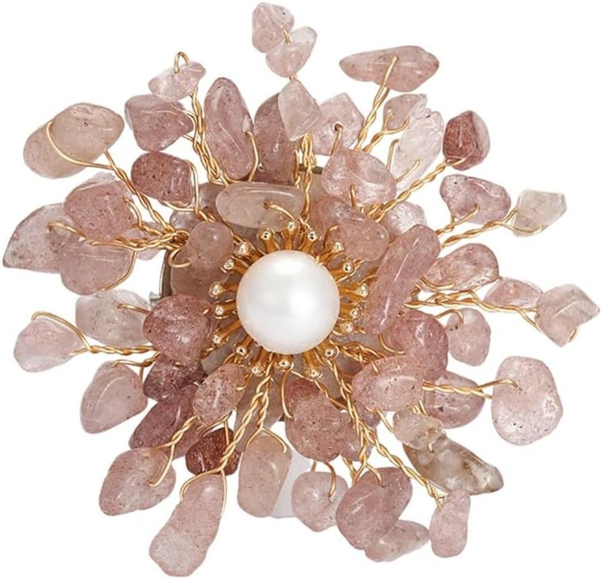 Bloemen Broche - Sier Speld - Outfit Verfraaien - Natuursteen Imitatie - Koperdraad Detail - Wit