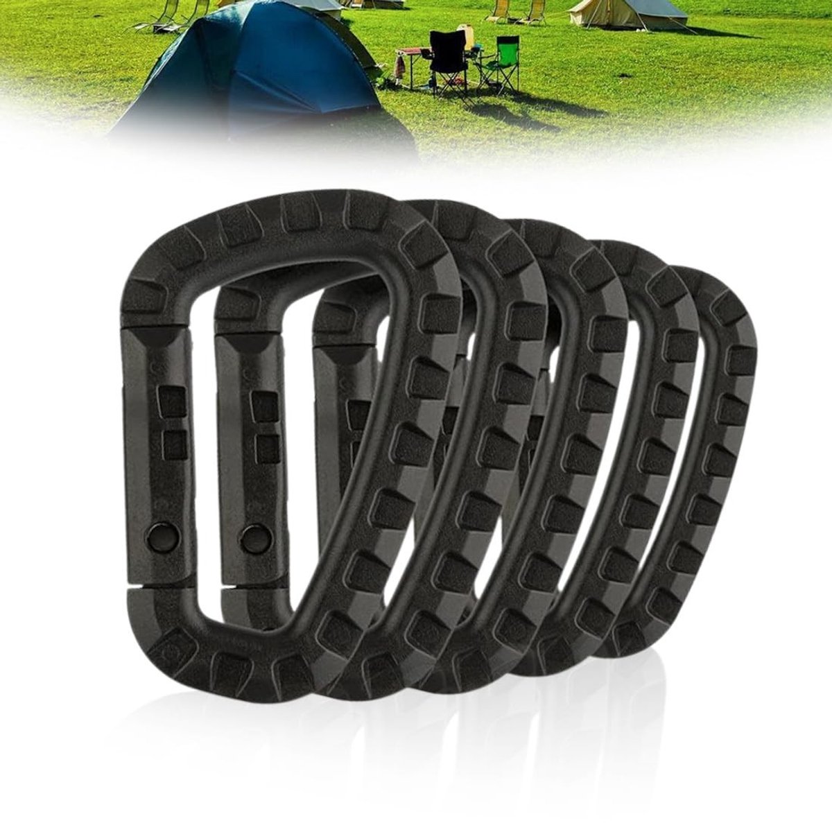 Solidchoice - Dailygoody - Kunststof Karabijnset - D-Veer Karabijnhaak - Set van 5 - Zwart - Outdoor Accessoire - Lichtgewicht en Sterk - Geschikt voor Klimmen