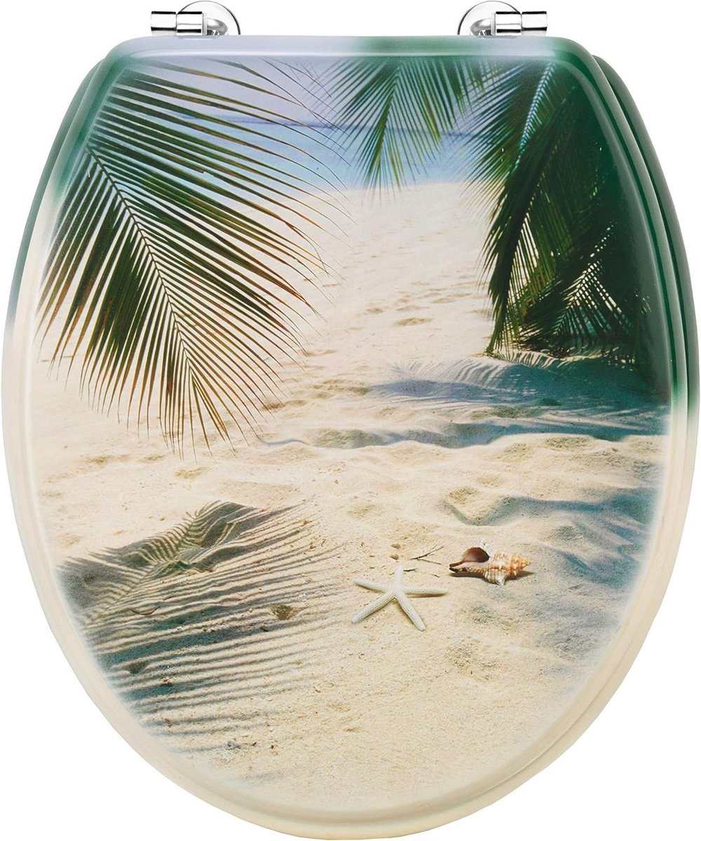 Toiletbril - WC-bril deksel - Badkamer decoreren - Houten kern - 43.5 x 38 cm - Palmen op strand