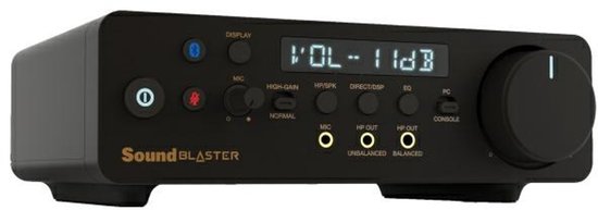 Zwart Sound Blaster X5 apparaat met display, knoppen en een grote volumeknop.