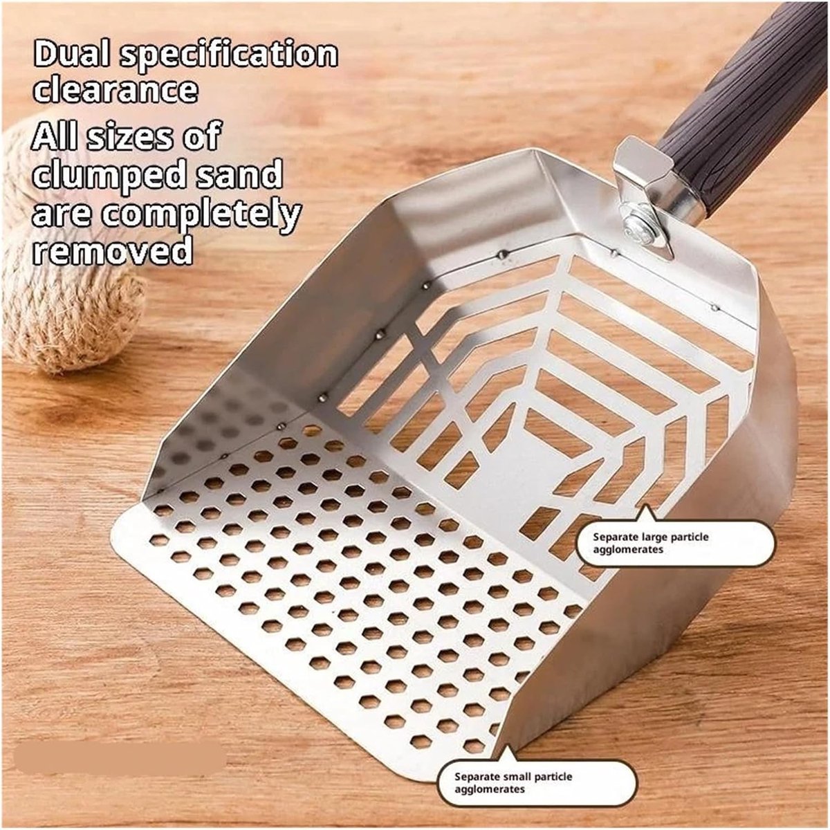 Kattenbakschep van roestvrij staal - Essentiële kattenbakschep - 1 stuk - Lange steel - Grof gaas - Hulpmiddel voor het schoonmaken van de kattenbak - Afmetingen 15.5 x 13.5 cm