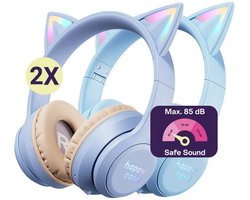 HappyCase Popz - Duo Pack Kinder Koptelefoon Draadloos - Kattenoortjes - Koptelefoon Voor Kinderen - Ledverlichting - Ingebouwde Microfoon - Over-Ear - 85db volumebregrenzer Bluetooth - Blauw & Paars