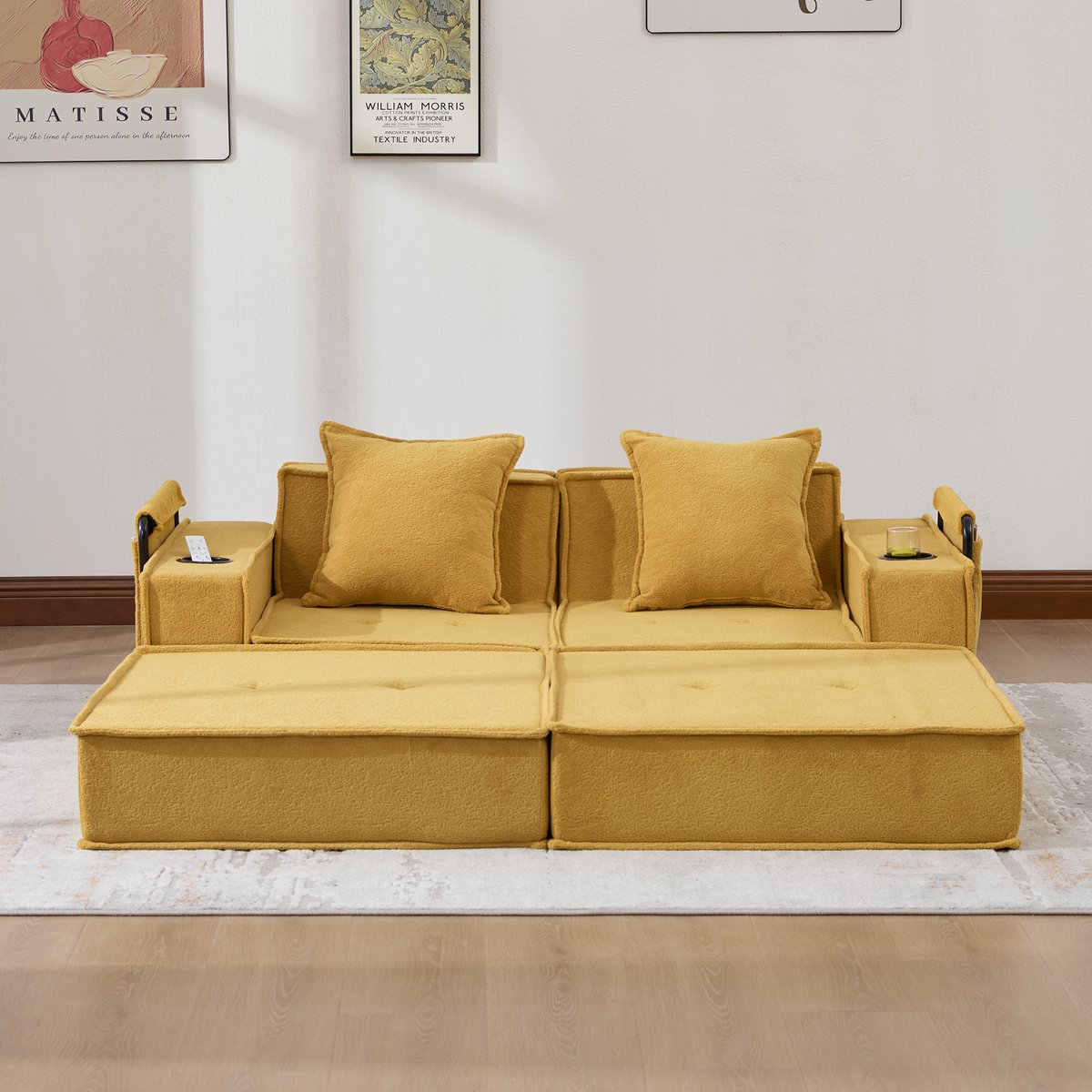 MODFU 2-Zits Bank - Met Zijvakken En 2 Kussens - Scandinavisch - Voor Leeshoek - Chenille - Mosterdgeel - 162 x 78 x 66 cm