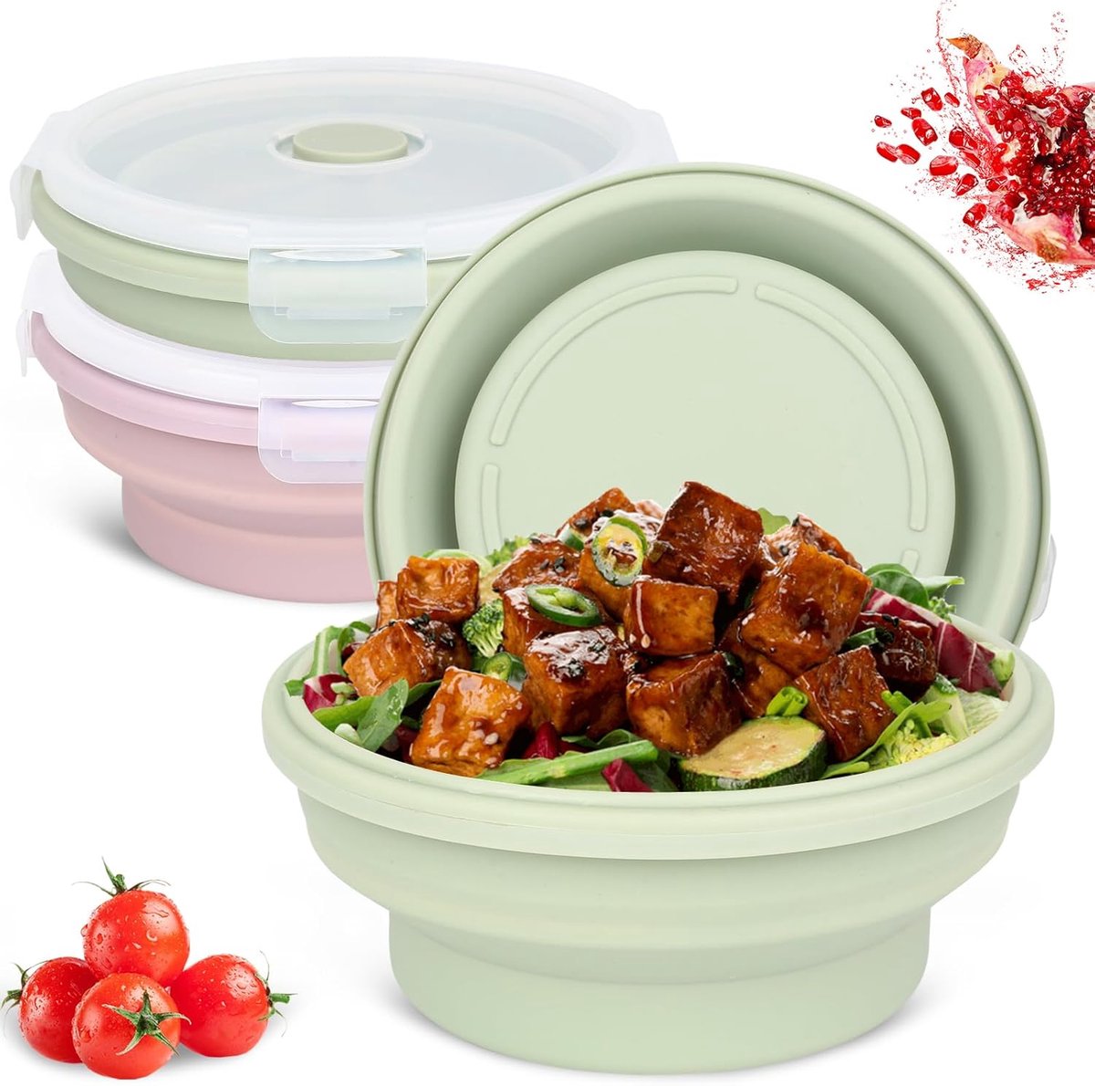 VHV - Broodtrommel - Lunchbox - Broodtrommel kinderen - Lunchbox volwassenen - Siliconen lunchbox voor bakjes - Opvouwbare kom - Set van 2 opvouwbare siliconen lunchboxen - 550 ml - Met deksels - Opvouwbare opbergbakjes met deksels - Roze en groen