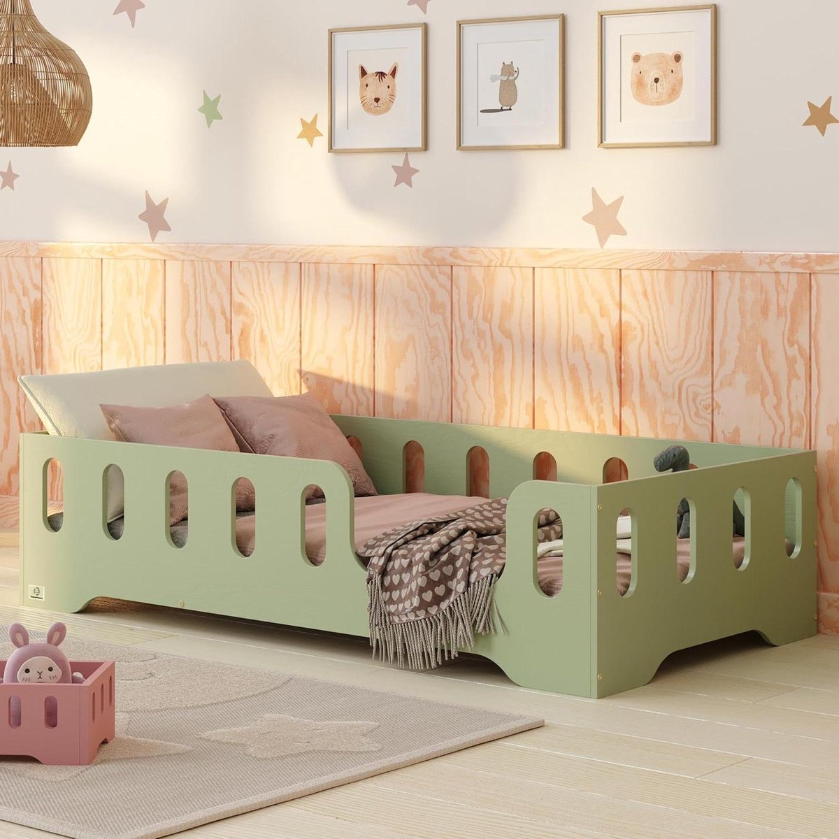 Kinderbed - Peuterbed Vloerbed - Zelfstandig Slapen - FSC-gecertificeerd Hout - 70x140 cm - Groen