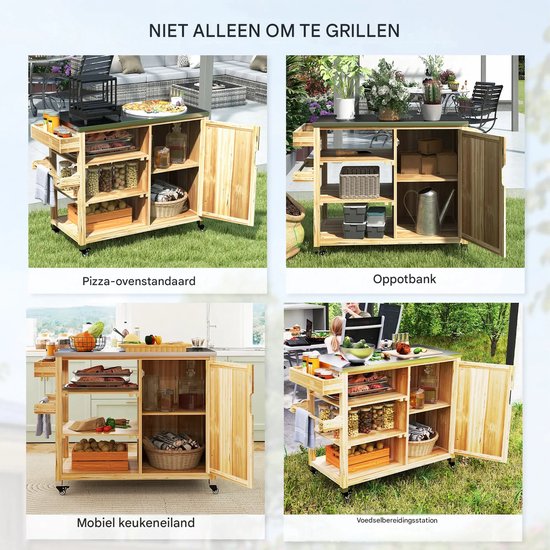 Buitenkeuken op Wielen – BBQ Trolley – Met Opbergkast & Planken – Werktafel voor Buiten – Hout & Metaal – Multifunctioneel – Natuurlijk hout — afbeelding 3