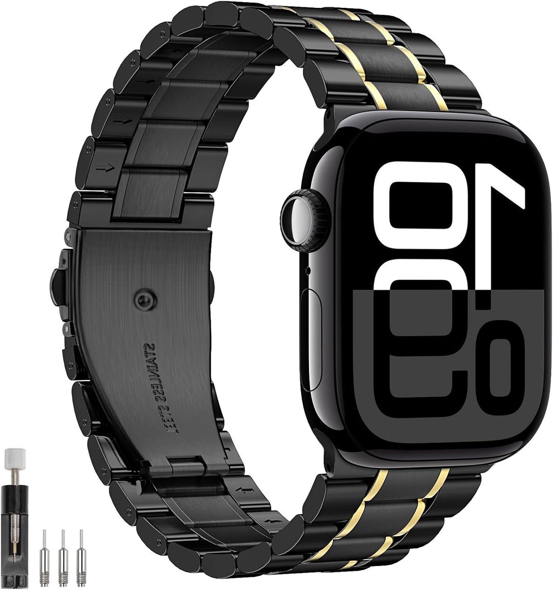 Stainless Steel Horlogeband voor Apple Watch Ultra en Series - Verstelbare Mesh Armband in Zwart/Goud voor Diverse Maten