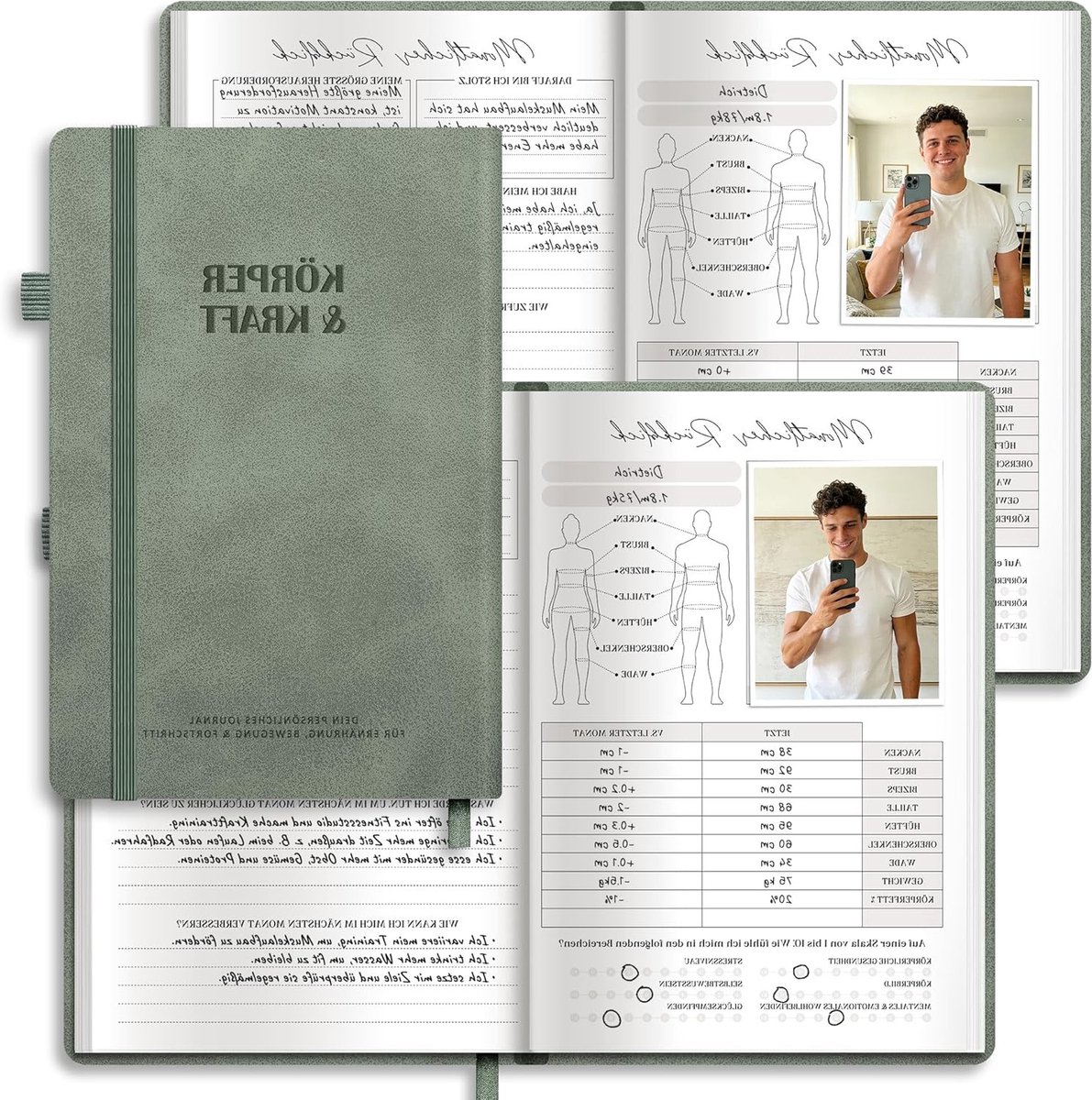 Dagboeken voor Fitnessliefhebbers in Groen met Voedselthema en Inspirerende Quotes