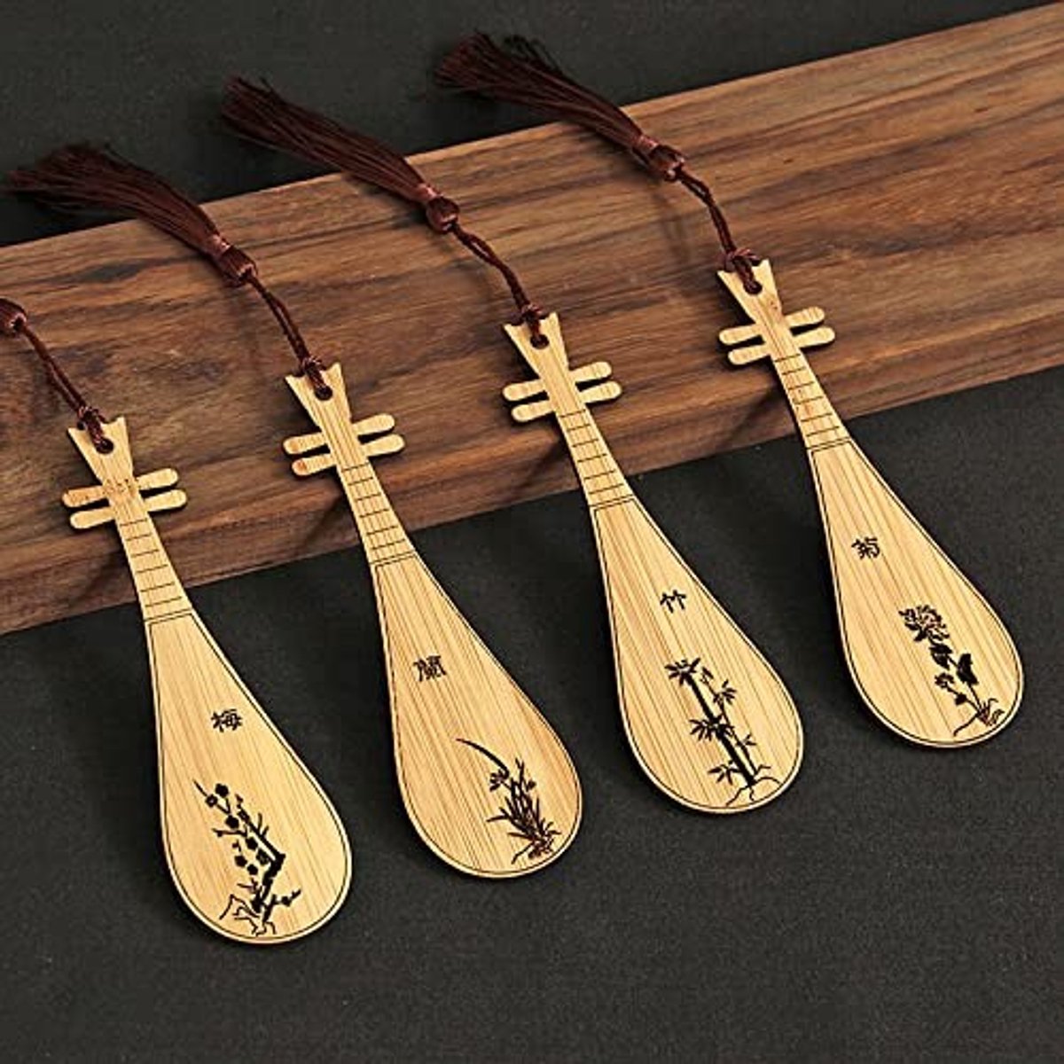 Allecto - Houten Gitaarvorm Bladwijzers - Vintage Boekmarkers - 4 Stuks - Bamboe materiaal - Met Kwastje - Uniek ontwerp - Perfect voor boekenliefh...