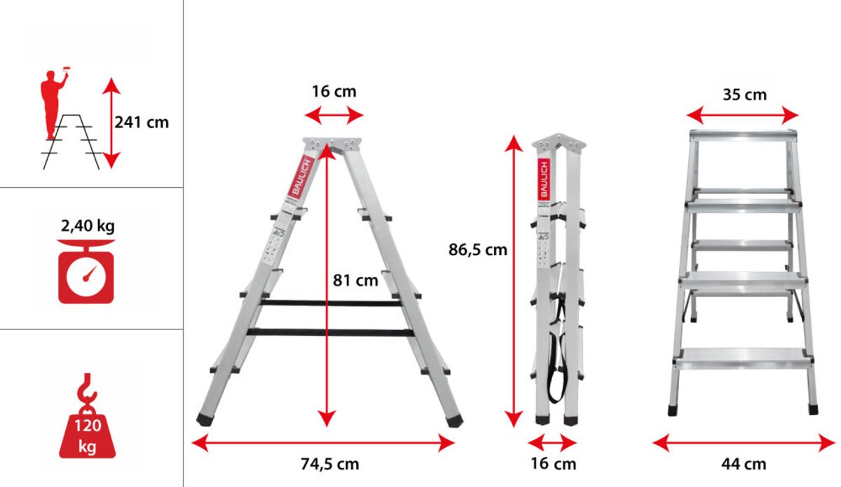 Baulich Aluminium vouwladder dubbelzijdig - 4 treden met antislip platform - huishoudladder werkhoogte 241 cm, draagvermogen 120kg – foto 8