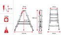 Afmetingen en specificaties van een aluminium vouwladder: hoogte 241 cm, gewicht 2,40 kg, draagvermogen 120 kg. Breedte 74,5 cm, ingeklapt 16 cm breed.