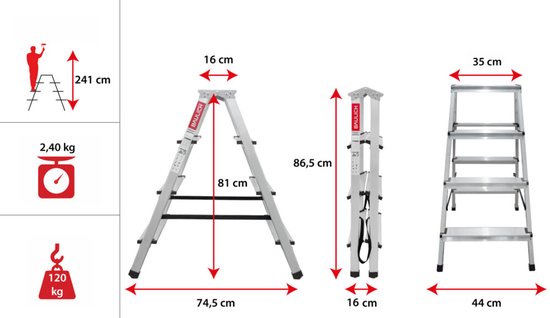Afmetingen en specificaties van een aluminium vouwladder: hoogte 241 cm, gewicht 2,40 kg, draagvermogen 120 kg. Breedte 74,5 cm, ingeklapt 16 cm breed.