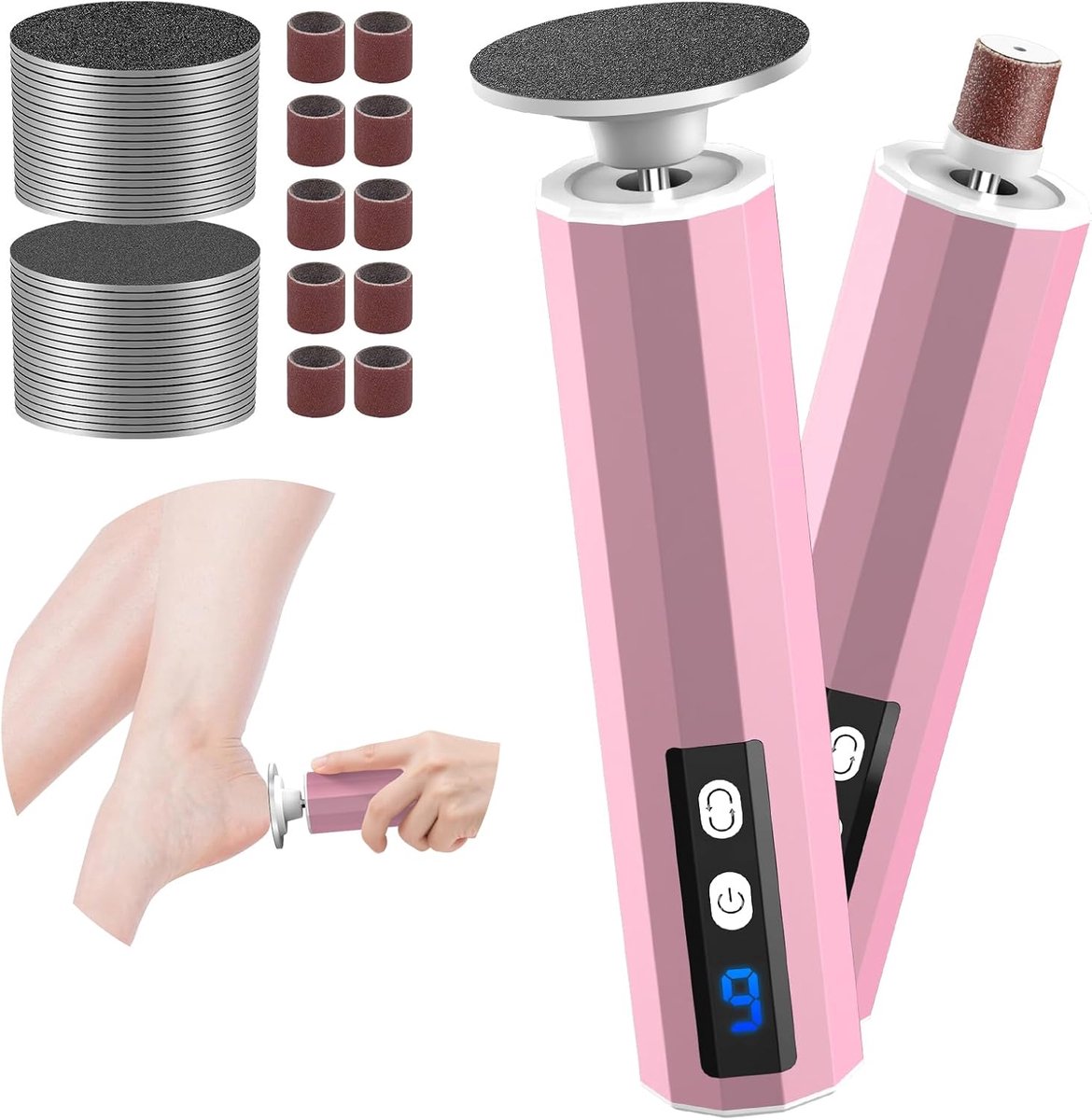 2-in-1 Elektrische Pedicure Voetenrasp, Oplaadbare Elektrische Vijl voor Voeten, Uitgerust met Vervangbare Schuurpapierbladen, 9 Snelheden voor Gebarsten Hielen, Eelt, Dode Huid