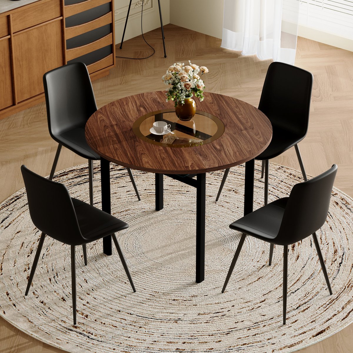 Moderne minimalistische ronde tafelset (met geïntegreerd opbergvak en 4 stoelen van zwart PU-materiaal), ronde tafel met een diameter van 100 cm in bruine houtlook, geschikt voor eetkamers.