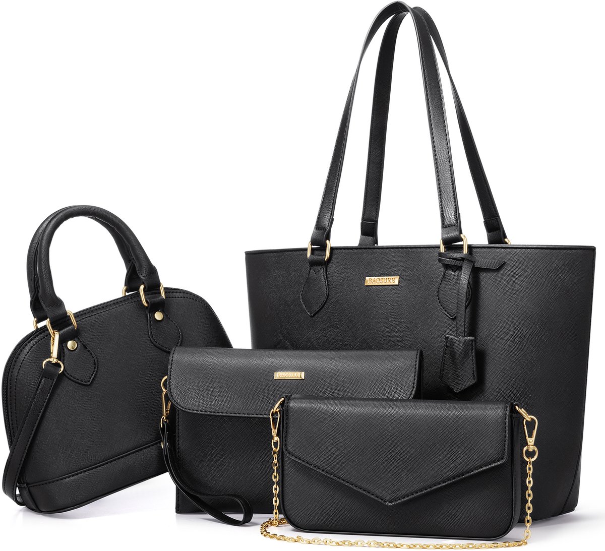 FloraGrace Handtassen - Praktische Dames Handtassen Set, 4-delig Tas Set Met Reißverschlüsse En Accessoires, PU, Zwart, 33 x 26,5 cm