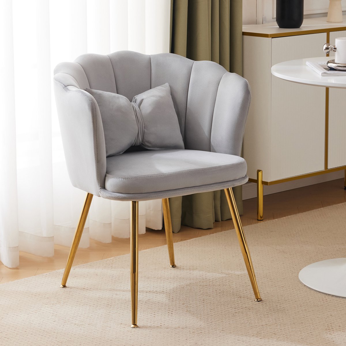 Fauteuil - Eetkamerstoel - Fluwelen Stoelen - Modern design - Rugleuning in de vorm van bloemblaadjes - Geschikt voor de woonkamer, slaapkamer - Grijs