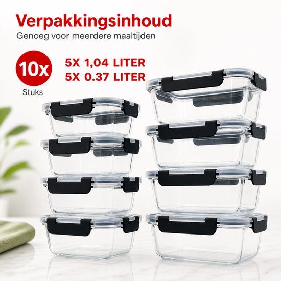 Boîtes de préparation de repas Organess - Boîtes de conservation - Boîtes de congélation - 10 pièces - 5x1040ML & 5x 370ML - Sans BPA - Glas - Couvercle sans BPA