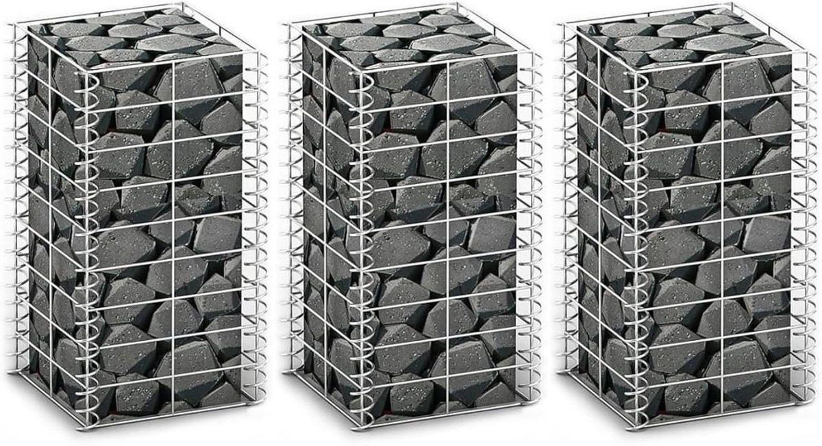 Stenen Mand Set - Gabionen Set - Tuinieren Tuinonderhoud - Gegalvaniseerd Staal - 3x 25x25x50 cm - Zilver