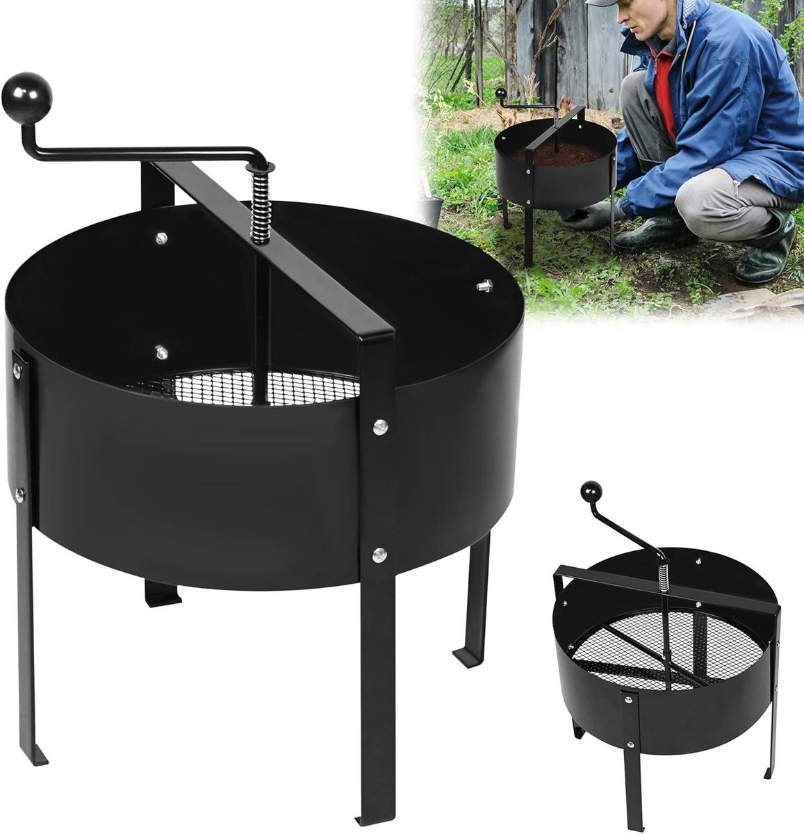 Tuinzeef Bodemzeef - Compostzeef Aardzeef - Tuinaarde Zeven - Draaibaar Handvat - 40 x 56 cm - Zwart
