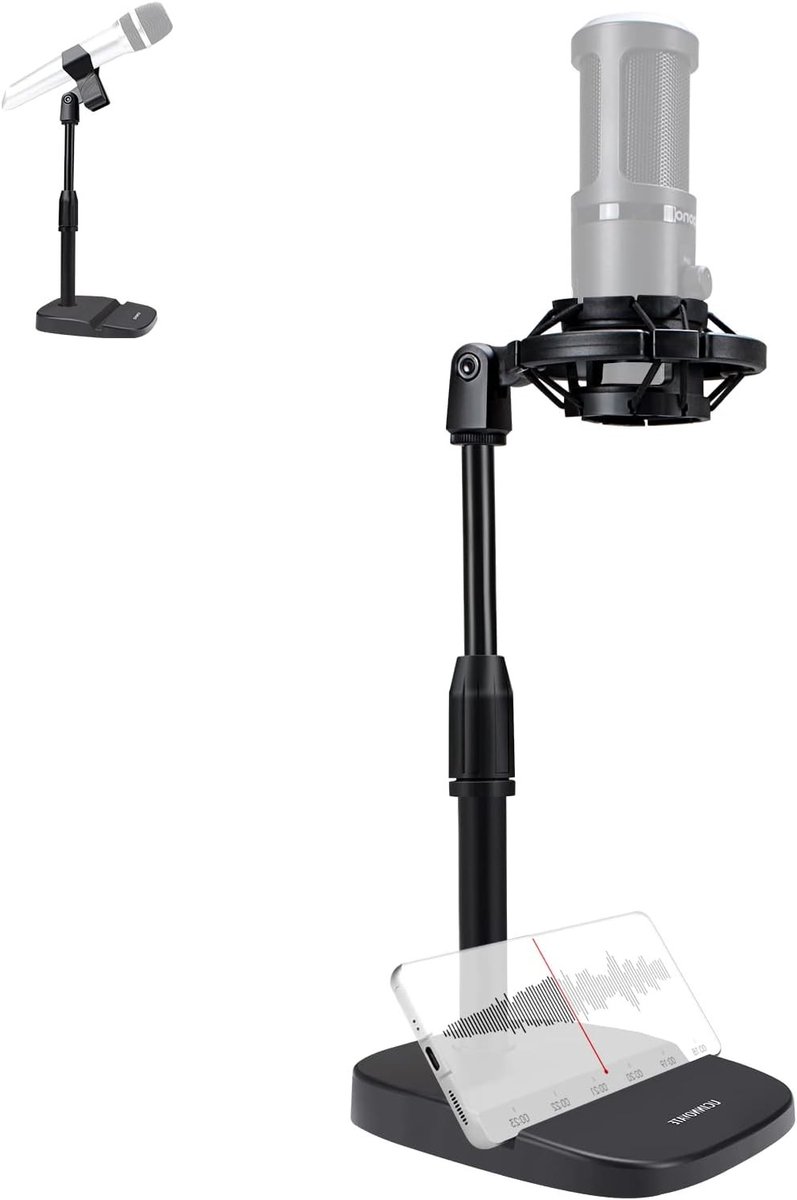 Verstelbare Microfoonstandaard voor Desktop, Ideaal voor Podcasting en Gaming, Inclusief Schokdemper, Microfoonclip en Telefoonhouder, Stabiele Basis voor Professionele Opnames