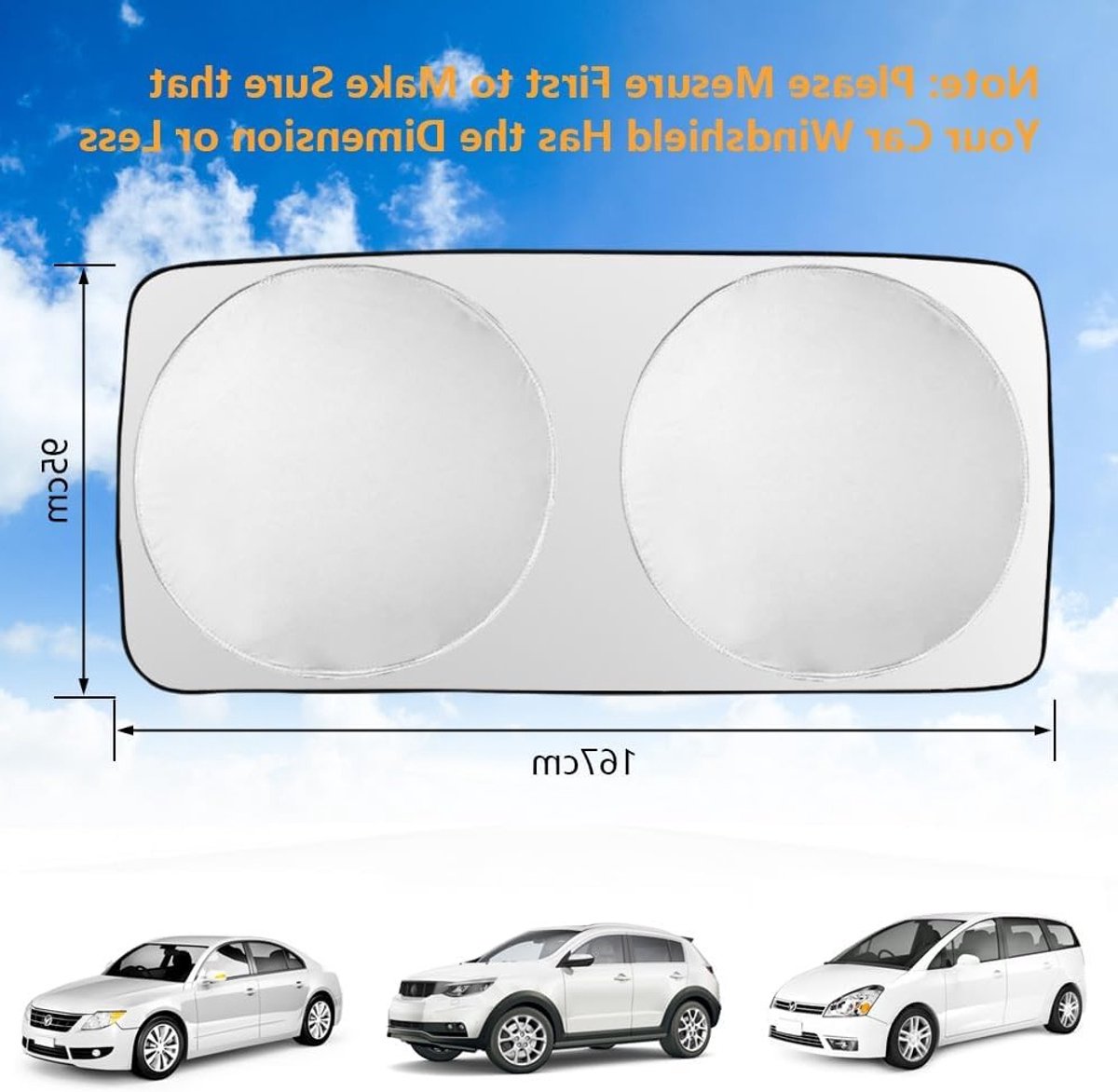 Zonwering voor Auto's, Effectieve UV-bescherming, Vouwbare Zonnebescherming voor Voorruit, 167 x 95 cm, Geschikt voor Alle Autoformaten