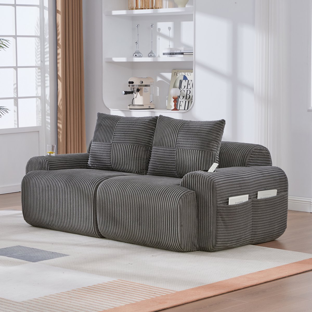 MODFU 2-Zitsbank - Met Bekerhouder En Opbergvak - Modern - Voor Woonkamer - Cordstof - Donkergrijs - 200 x 99 x 80 cm