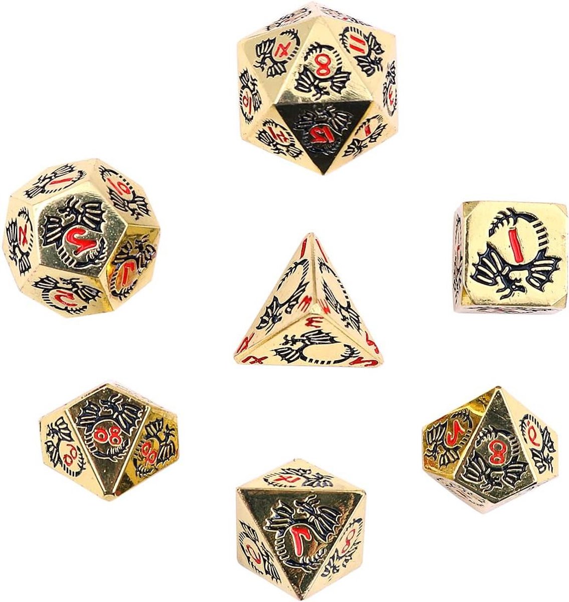 Metalen Dobbelstenenset - RPG Dobbelstenen - Rollenspellen - Drakenpatroon - 180 Gram - Goud