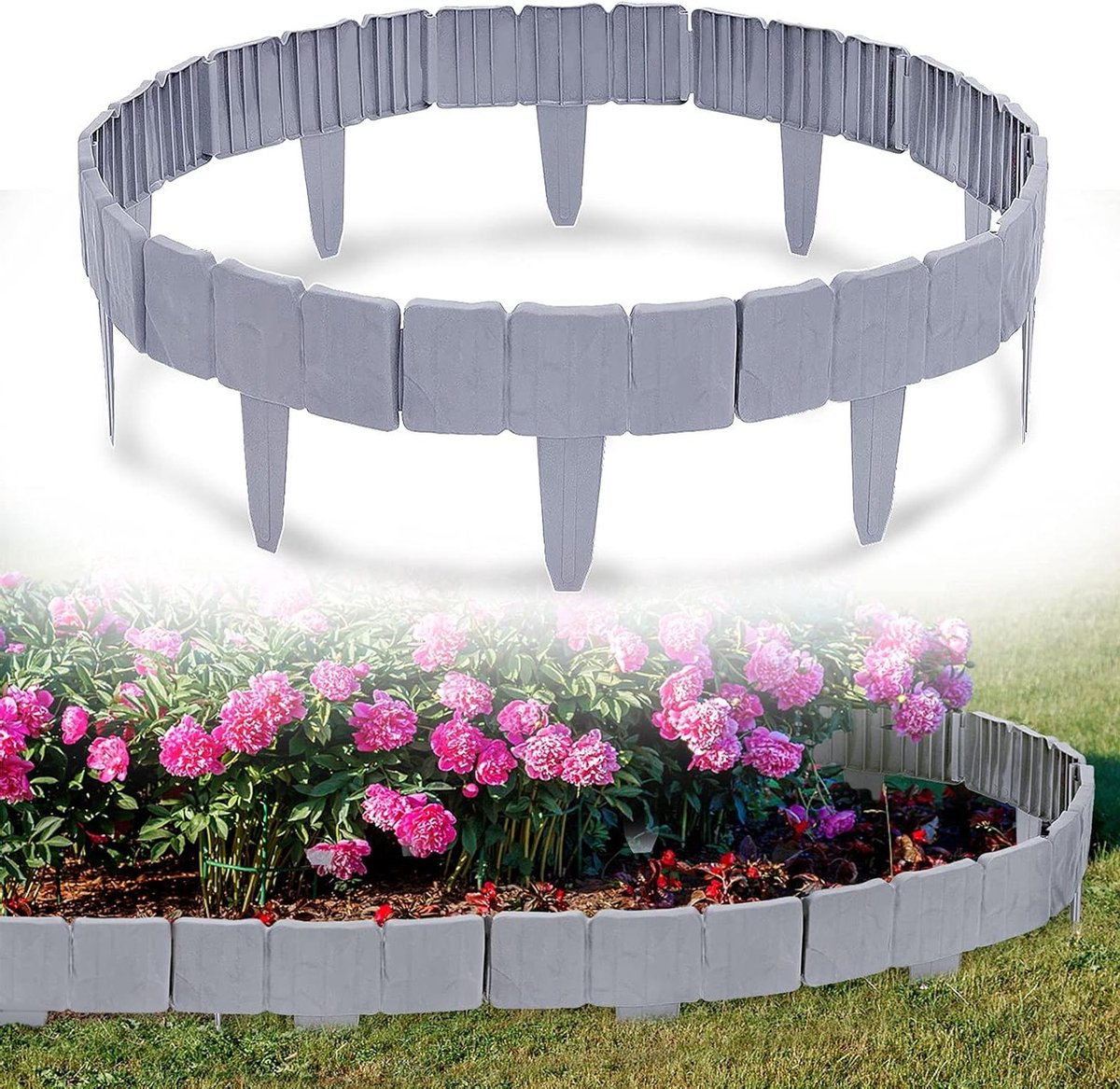 Gazonrand Steenlook - Bloembedafscheiding Perkrand - Tuin Ordenen - Flexibel Insteeksysteem - 125 m - 50 stuks - Grijs