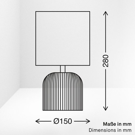 Schematische tekening van een tafellamp met afmetingen: 280 mm hoog, 150 mm diameter.