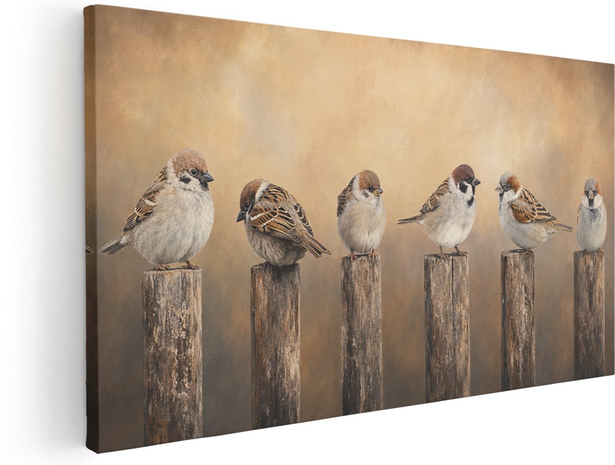Artaza Canvas Schilderij Vogels Op Houten Palen - Natuurlijke Rust - 80x40 cm - Wanddecora