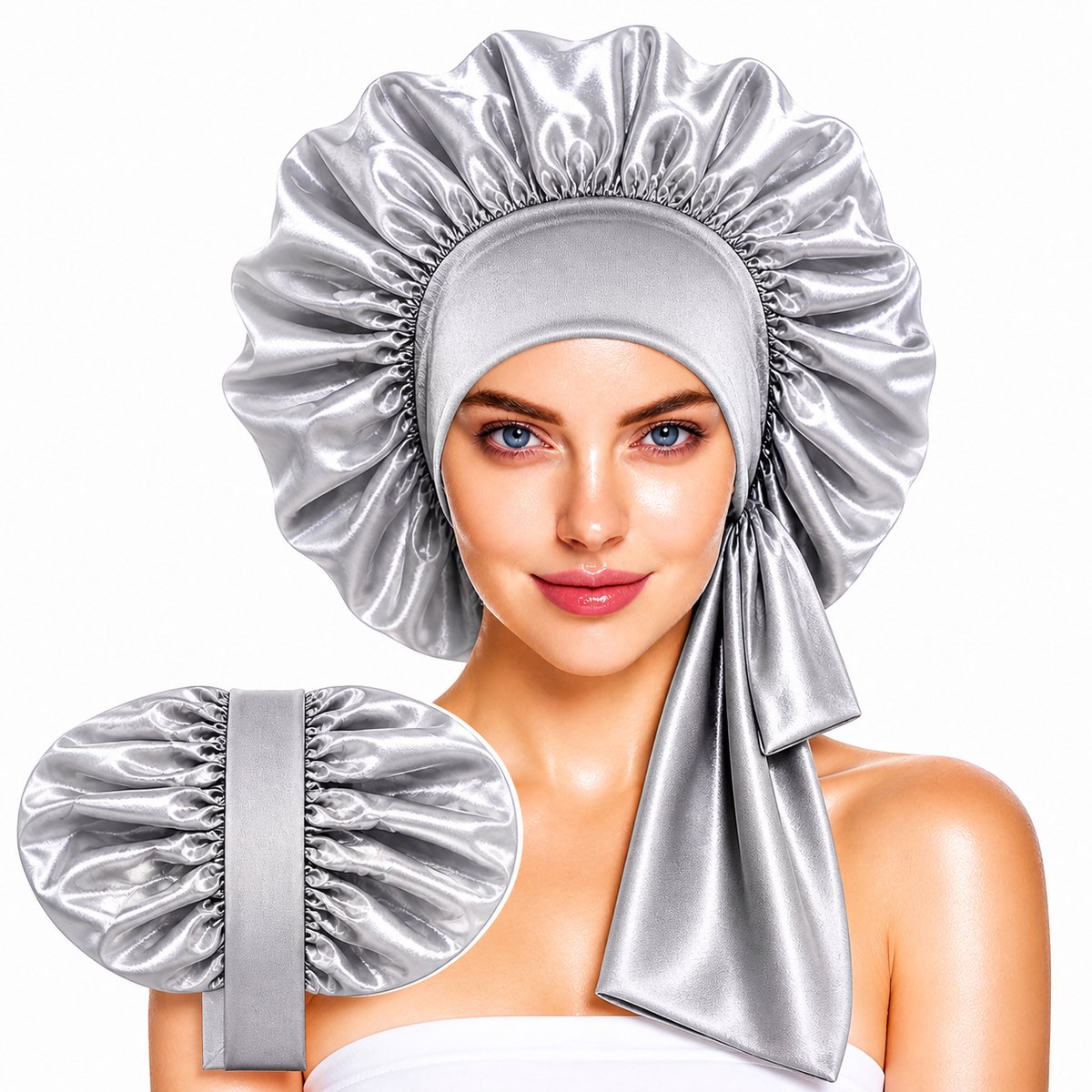 Xaria Slaapmuts - Dubbelzijdige Satijnen Bonnet met Verstelbare hoofdband met Lange Lussen - Bonnet van Satijn - Haarnetjes met dubbele voering - Zilver