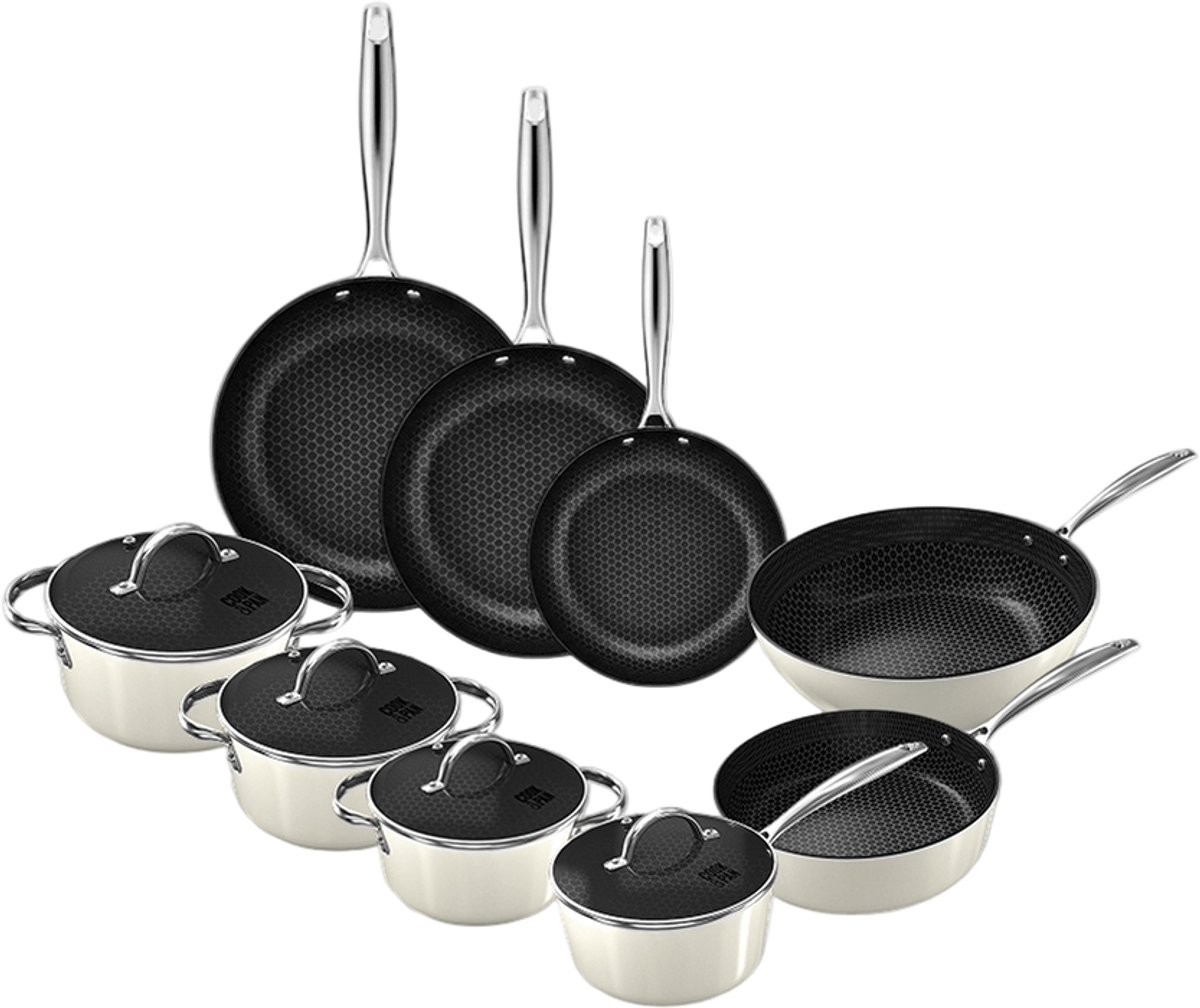 Cook & Pan Honey 9-Delige Pannenset Crème - PFAS vrij - Geschikt voor Inductie - Pannen Set met 7 jaar Garantie - Krasbestendige Anti Aanbaklaag - Vaatwasserbestendig - Koekenpan, Wokpan, Steelpan, Hapjespan, Kookpot - Beige
