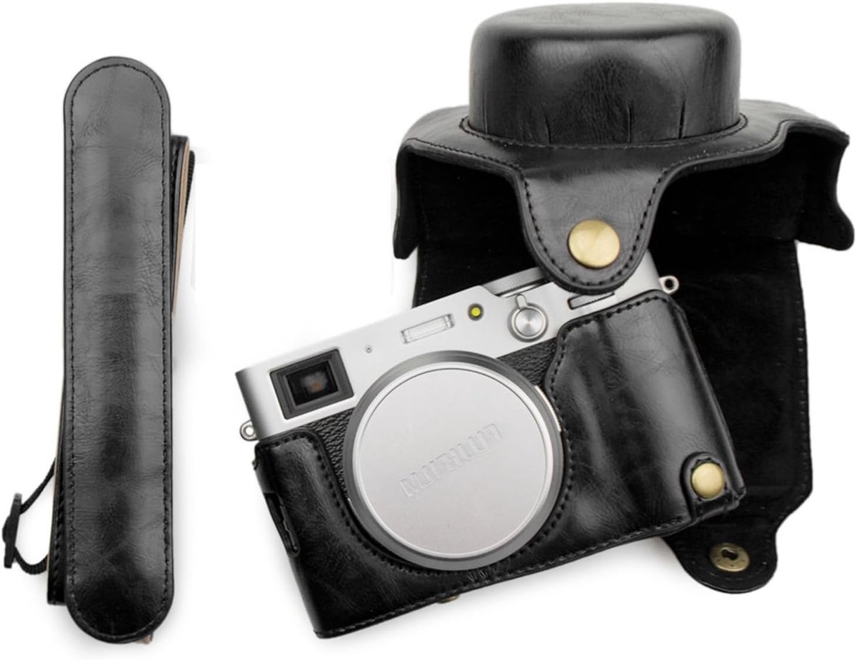 Leren Camera Hoes voor Fuji X100VI, Beschermende Tas met Verstelbare Schouderriem, Handig en Gripvast, Zwart