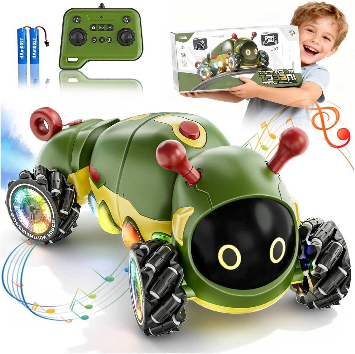 Monster Truck met Muziek en Lichtshow, Op afstand bestuurbare Auto met Rook en 360° Rotatie, Insect Robot Voertuig voor Kinderen vanaf 3 Jaar als Kerstcadeau