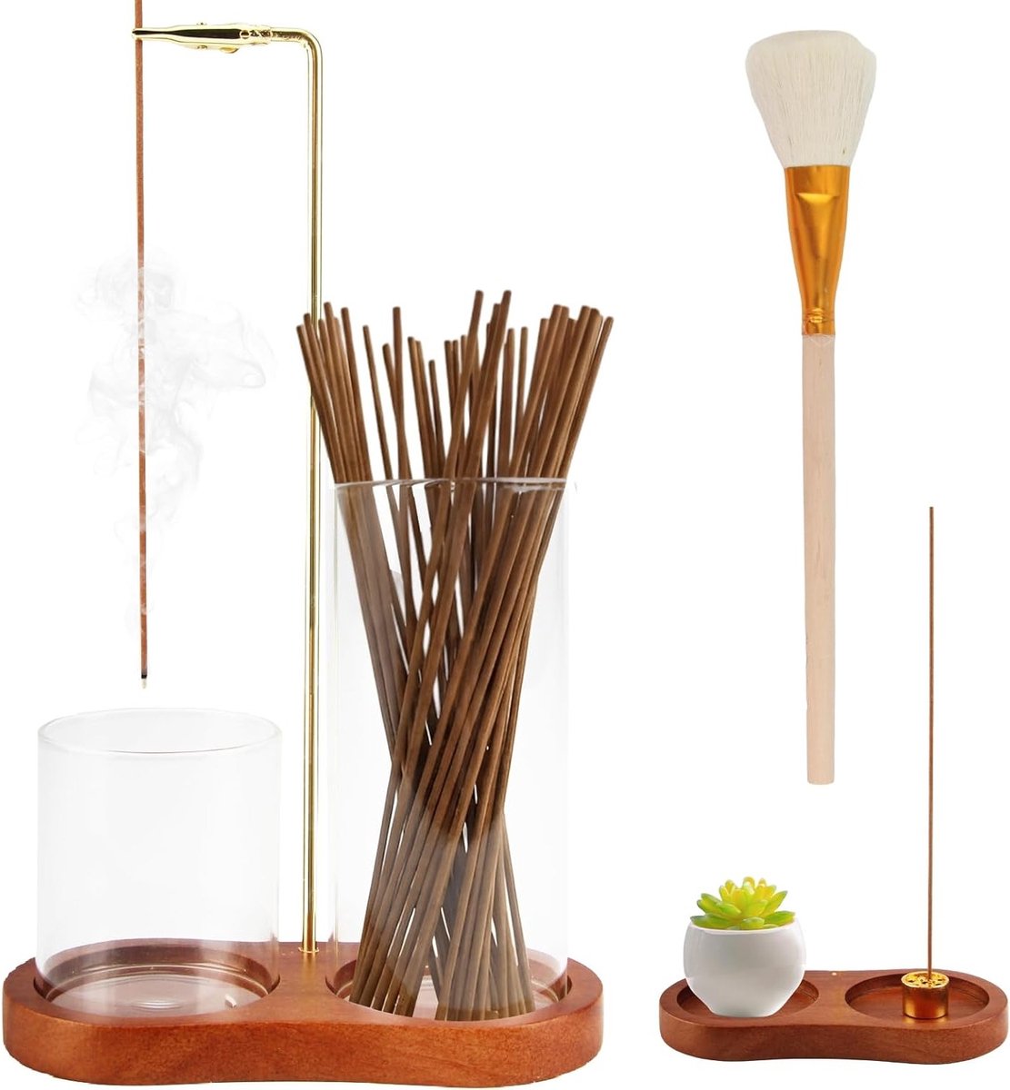 Set van omgedraaide houten wierookstokjeshouder met glas, perfect voor meditatie, yoga en aromatherapie