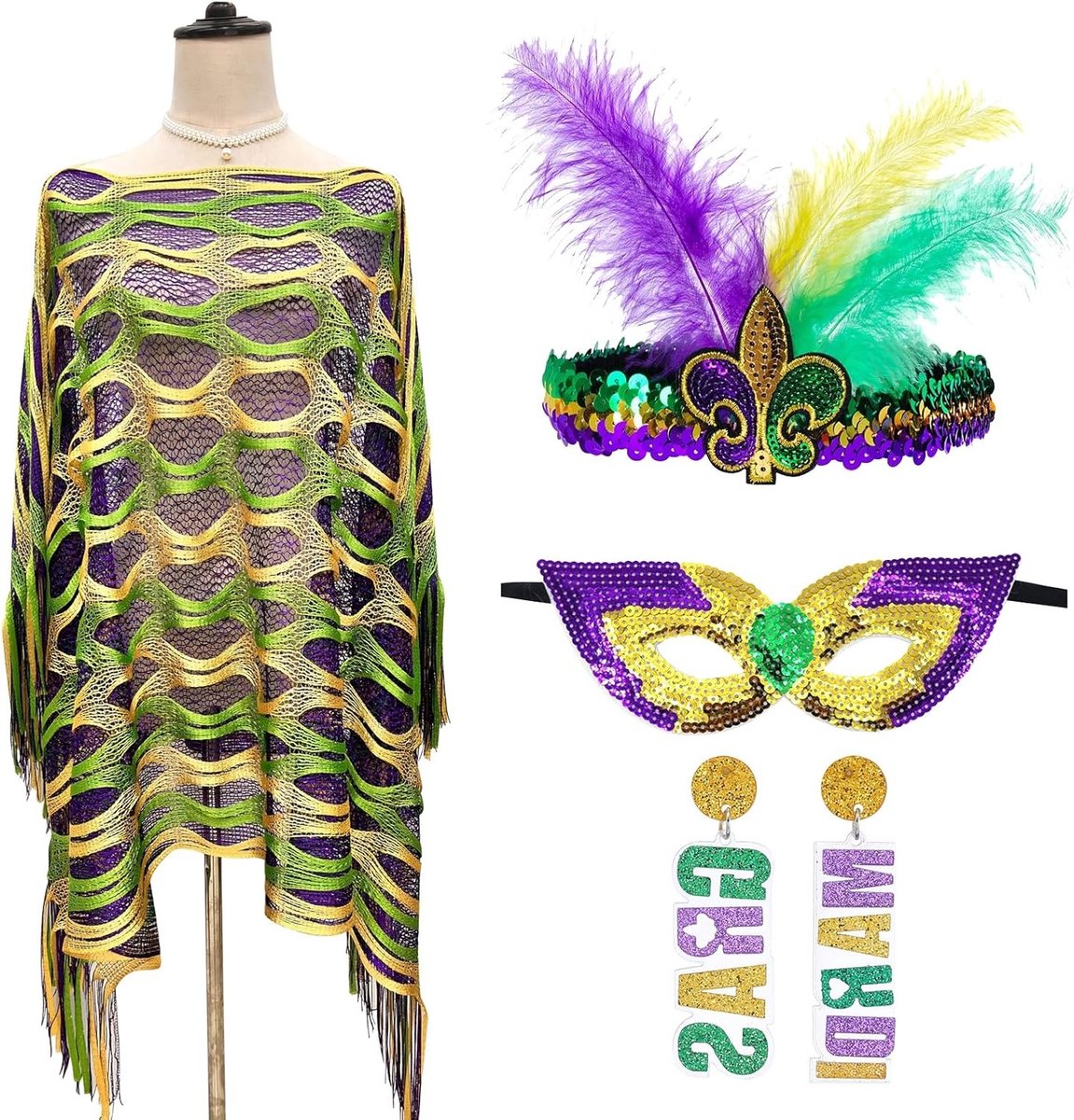 Vrouwelijk Carnaval Kostuum Set met Sjaal, Maskers, Hoofdbedekking en Oorbellen voor Feest en Cosplay