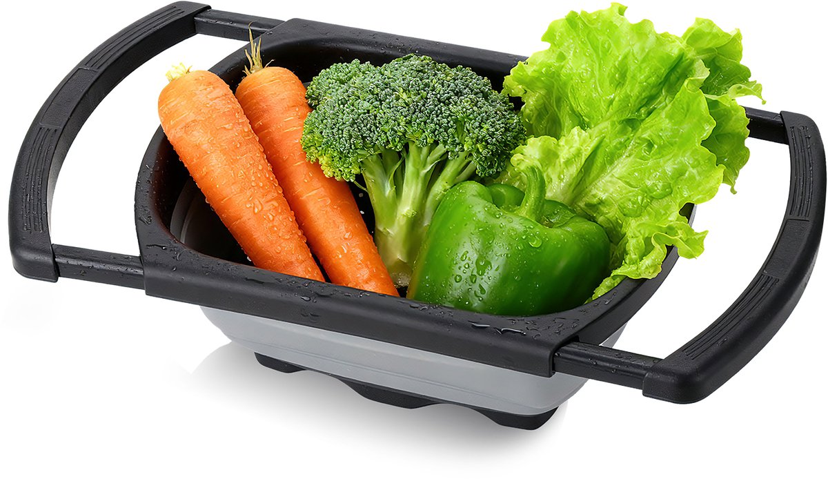 Swiss Haus® FS1B Opvouwbaar Wasbak Vergiet - 39 x 26 cm - Uitschuifbare Handvatten - Hittebestendig - BPA Vrij - Vaatwasbestendig - Ruimtebesparend - Zwart