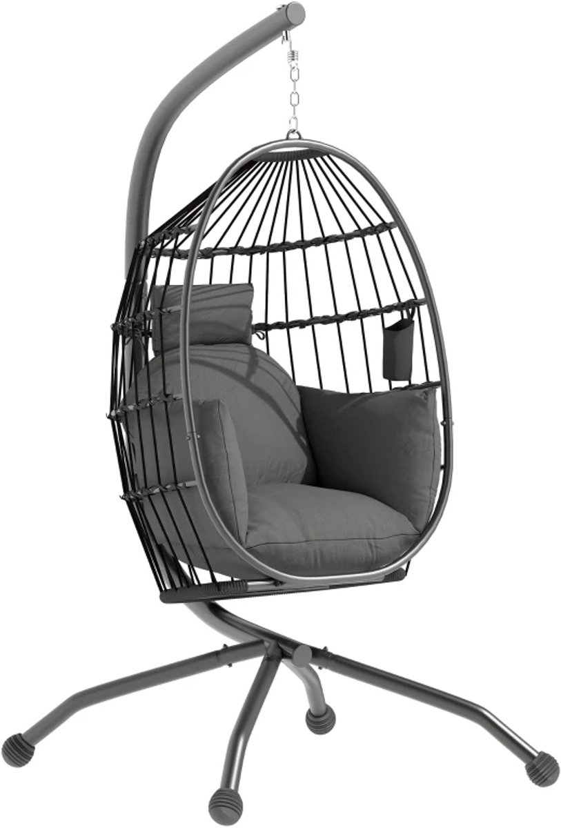 Egg Hangstoel met Standaard, Bekerhouder & Kussen - Egg Chair - Stalen Frame - Opvouwbare Hangschommel - Schommelstoel - Tuinstoel - tot 120 kg - voor Tuin, Terras, Balkon - Zwart