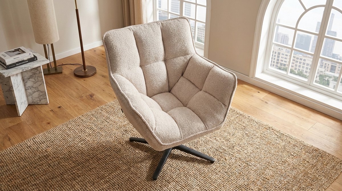 Draaifauteuil 360° Bouclé Design 76x72x87 cm – Luxe Naturel Bouclé Lounge Fauteuil Ergonomisch met Zwart Metalen Kruispoot – Comfortabele Moderne Relaxstoel Woonkamer – House&Garden Ian Nordic
