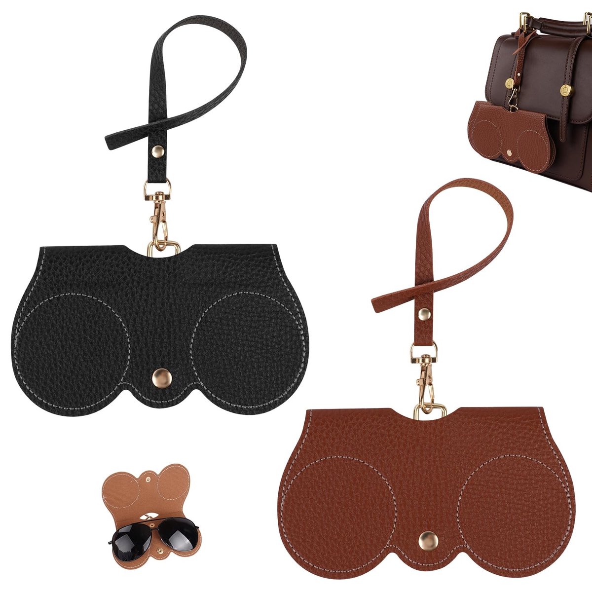 Dailygoody - Zachte lederen zonnebril tas - Zonnebril etui met sleutelhangerhaak - Bruin en zwart - Ideaal voor onderweg - Geschikt voor uniseks-volw