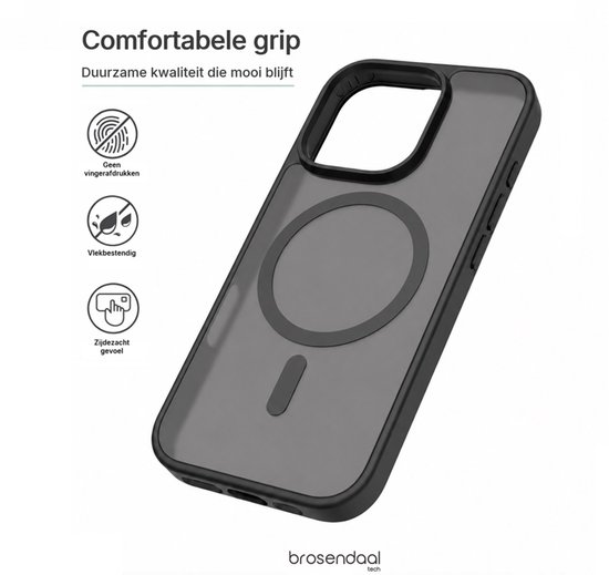 Donkergrijs, doorschijnend hoesje met MagSafe-cirkel, met iconen voor grip en duurzaamheid.