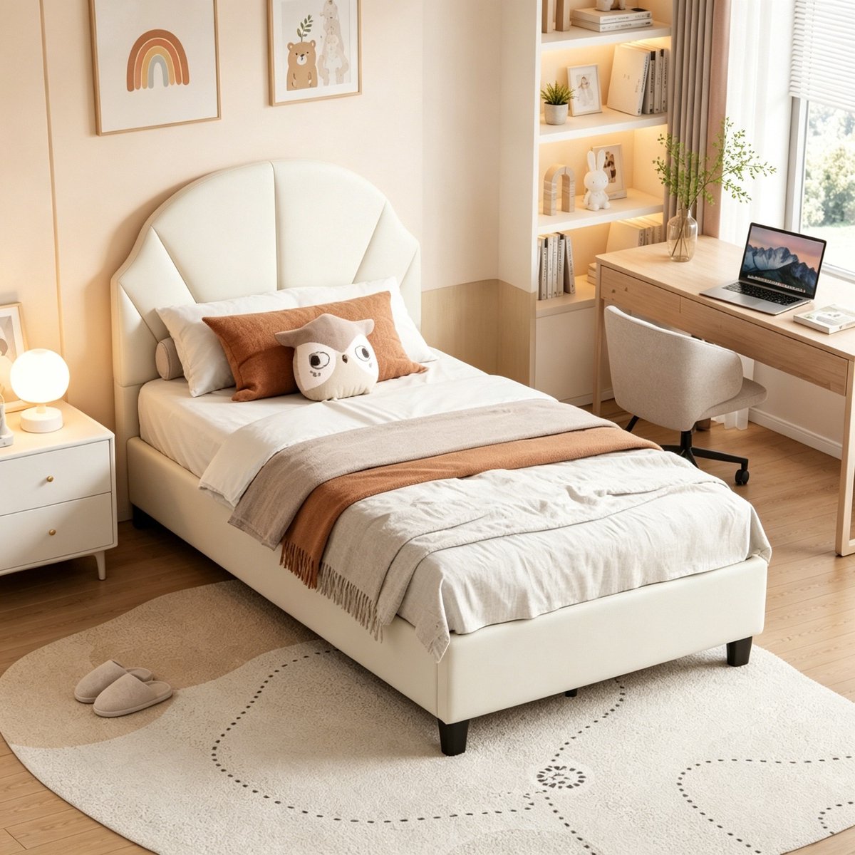 MEXUS Eenpersoonsbed 90x200 cm, kinderbed, tienerbed, met verstelbaar hoofdeinde, lattenbodem, prinsessenbed, meisjesbed 90x200, fluweel, Beige
