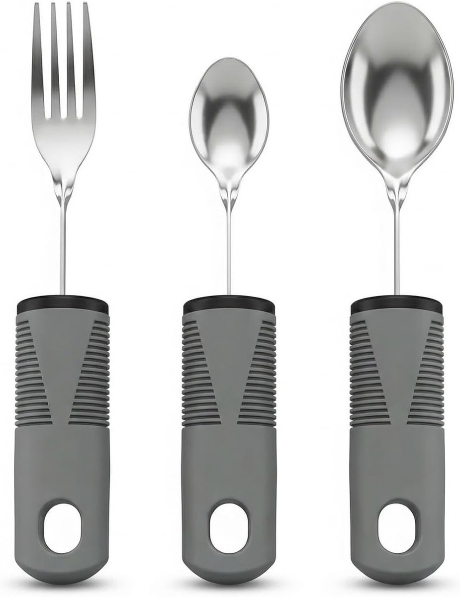 Ergonomisch bestek voor volwassenen met een beperking, flexibele vork en lepel, roestvrij staal met rubberen handvat, 3-delige set voor senioren