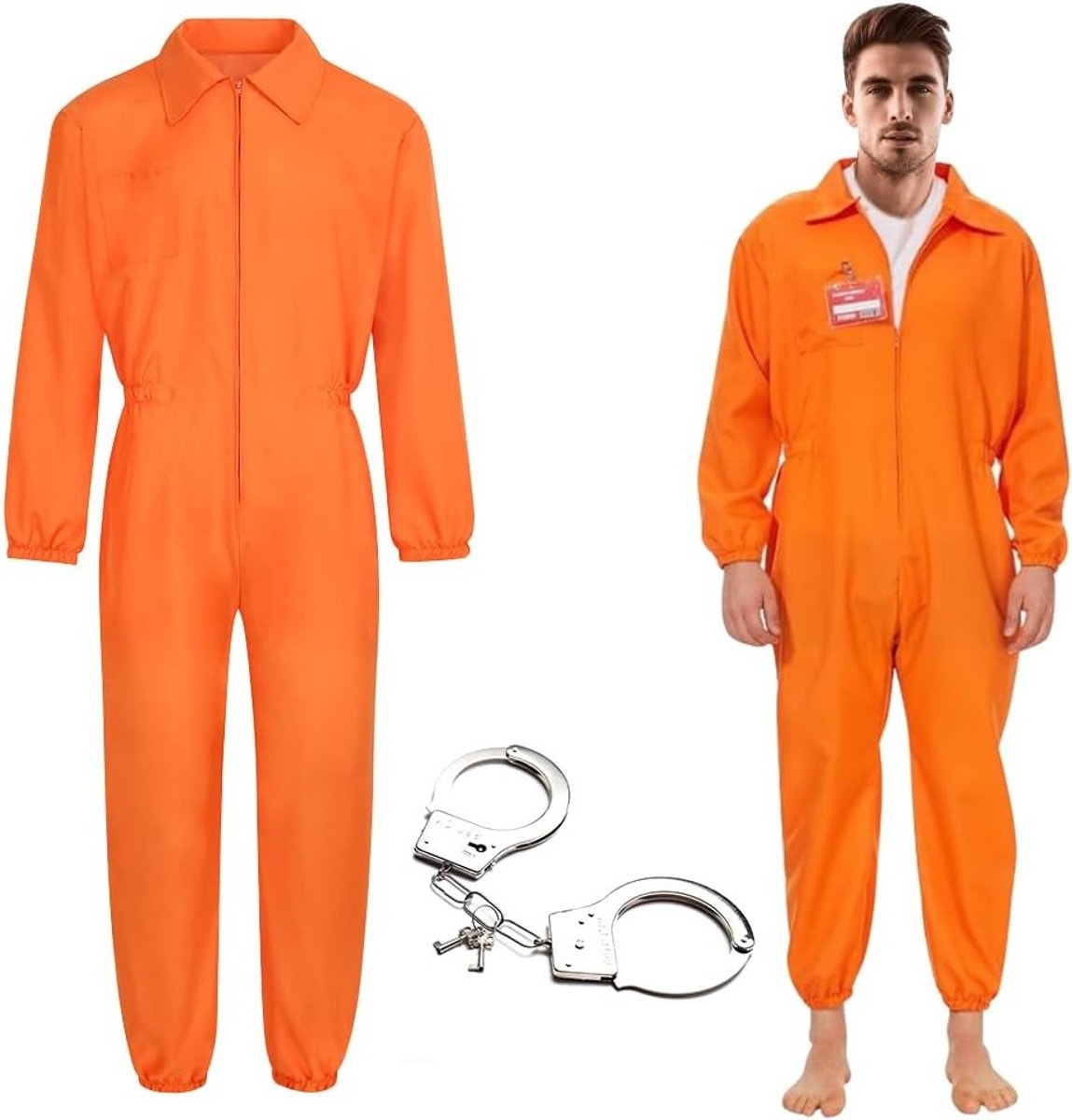 Oranje gevangeniskostuum voor mannen met label en handboeien voor carnaval, Halloween en kostuumfeestjes